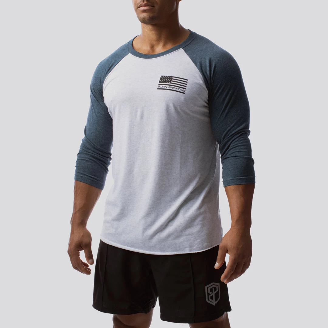 Born Primitive Patriotic American Protector 2.0 Unisex Raglan (Heather White/ Indigo) 6 Born Primitive Patriotic American Protector 2.0 Unisex Raglan (Heather White/ Indigo)
